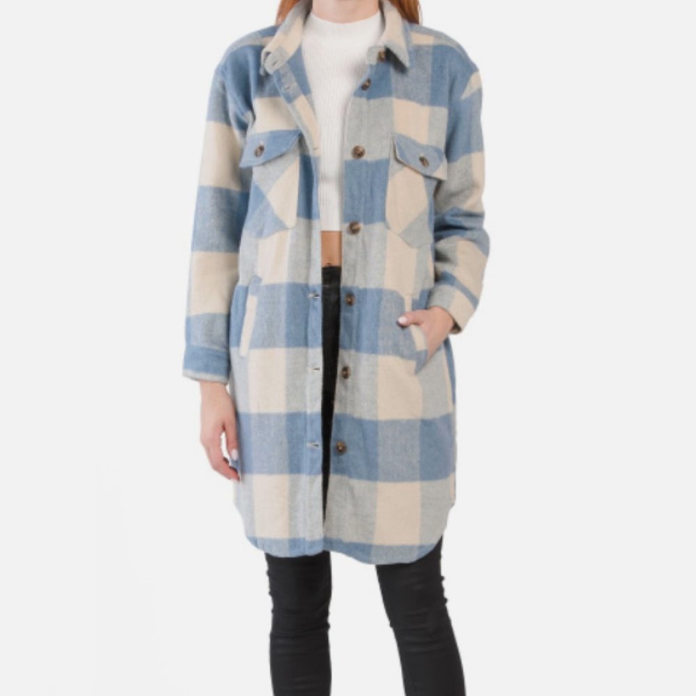 Blank NYC Blue Ivory Buffalo Check Plaid Brushed Long Shacket Jacket XS NWT
